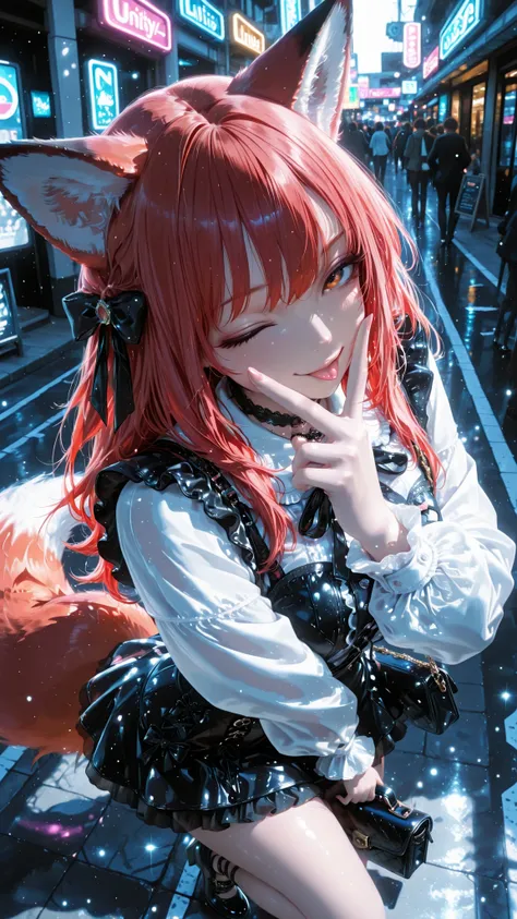 1girl , solo , fox girl , cute , red hair , fox ears , fox tail , full body , naughty face , silent smile , v over mouth , ;p , one eye closed , 
stylish pose , holding a handbag in one hand , high angle , in the afternoon , 
jirai kei Style Set Up Ladies ...