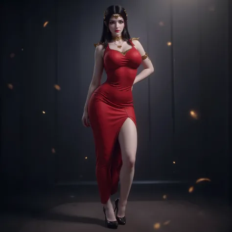 Photorealistic full body image of an athletic mature woman with long black hair and intense grey eyes, wearing a form-fitting red dress that highlights her muscular legs and wide hips, standing elegantly with one leg raised and knee bent, high heels, bare ...