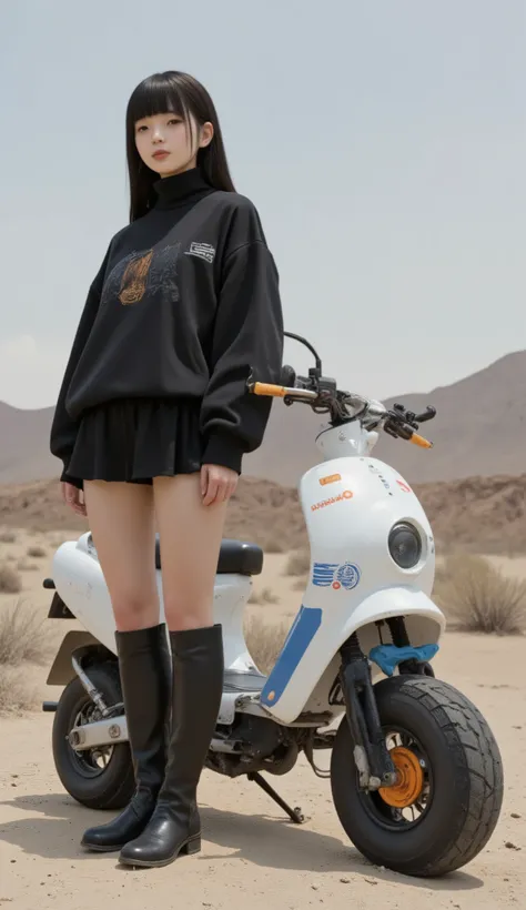 若い女性teeth、exudes preparation and adventure in a desolate landscape {x} stands confidently beside a futuristic vehicle similar to a scooter or compact ATV. 彼女teethなめらかな, casually printed、; a black, short skirt that adds modernity to, monochrome theme in the...