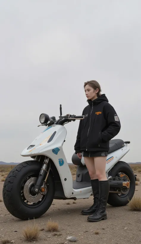 若い女性teeth、exudes preparation and adventure in a desolate landscape {x} stands confidently beside a futuristic vehicle similar to a scooter or compact ATV. 彼女teethなめらかな, casually printed、; a black, short skirt that adds modernity to, monochrome theme in the...