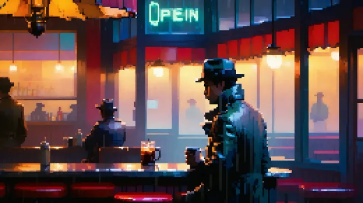On the left side of the scene, a tired detective sits alone at the corner of a dimly lit bar counter. His trench coat is draped loosely over his shoulders, still damp from the fog outside. His fedora rests beside an untouched glass of whiskey, the rim fogg...