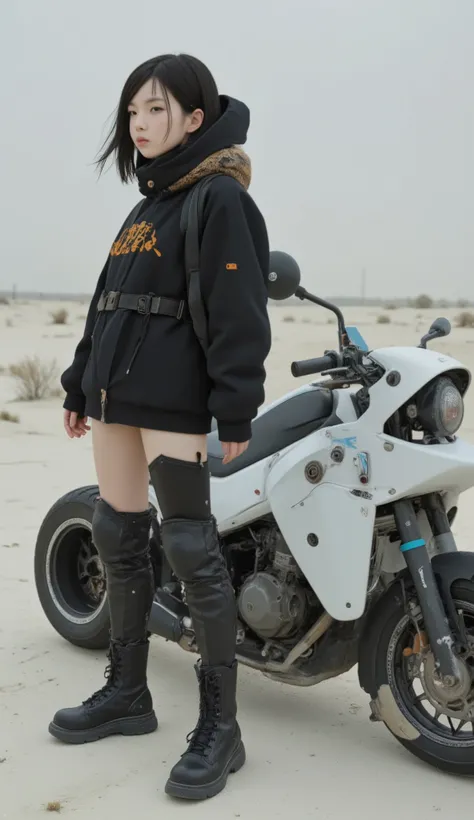 Aerial photography、若い女性teeth、exudes preparation and adventure in a desolate landscape {x} stands confidently beside a futuristic vehicle similar to a scooter or compact ATV. 彼女teethなめらかな, casually printed、; a black, short skirt that adds modernity to, mono...