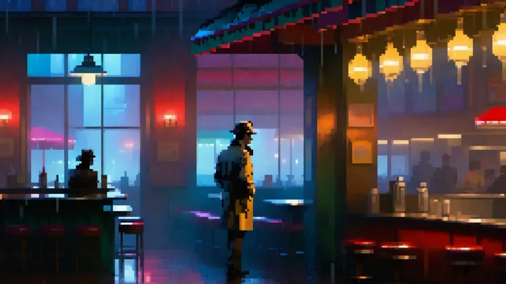 On the left side of the scene, a tired detective sits alone at the corner of a dimly lit bar counter. His trench coat is draped loosely over his shoulders, still damp from the fog outside. His fedora rests beside an untouched glass of whiskey, the rim fogg...