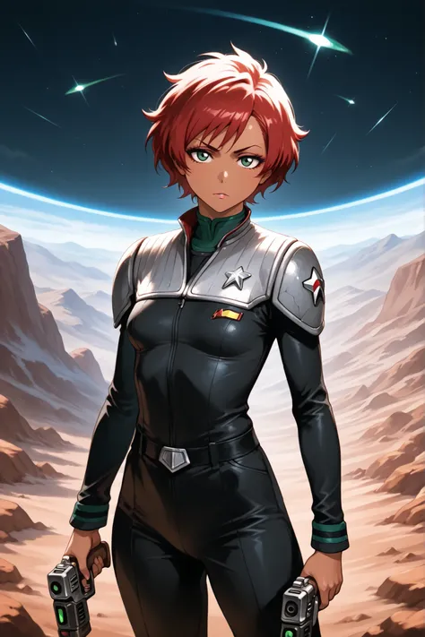 Masterpiece, highly detailed, beautiful woman, tall,  character, Star Trek (human female) Beautiful Asian Woman, Michiko Nishiwaki, short red hair, symmetrical bangs, makeup, small breasts, tanned skin,ds9st,black and grey star trek uniform,grey shoulders,...