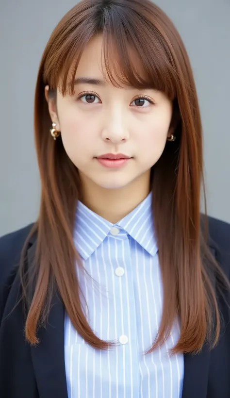 Passport photo of a neat young woman、facing directly、camera list、office lady suit、jacket、shirt、、、ear piercings、前髪あり、、No expression、has closed its mouth、face close-up、grey background
