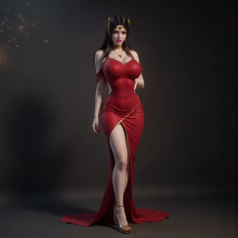 Photorealistic full body image of an athletic mature woman with long black hair and intense grey eyes, wearing a form-fitting red dress that highlights her muscular legs and wide hips, standing elegantly with one leg raised and knee bent, high heels, bare ...