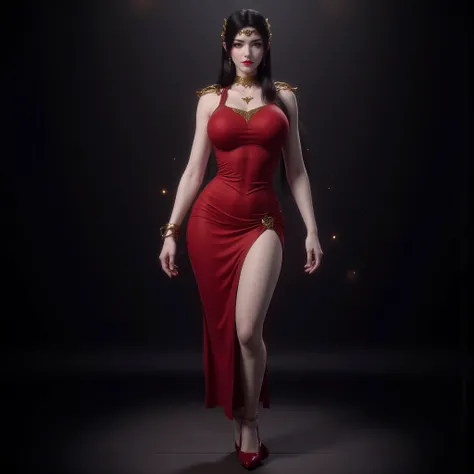 Photorealistic full body image of an athletic mature woman with long black hair and intense grey eyes, wearing a form-fitting red dress that highlights her muscular legs and wide hips, standing elegantly with one leg raised and knee bent, high heels, bare ...