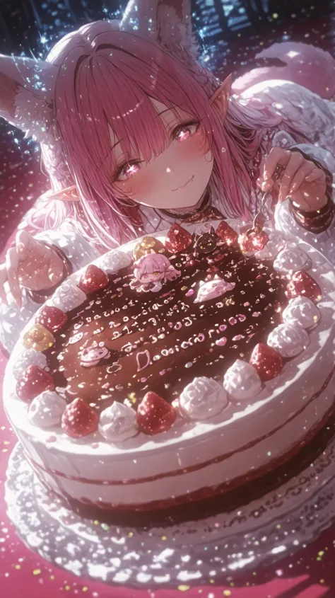 An enormous, decadent mountain of cakes, overflowing endlessly, each cake more sumptuous and luxurious than the last, dripping with glossy chocolate, sparkling sugar, glistening icing, whipped cream, colorful fruits, caramel, and edible gold decorations, l...