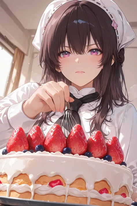 (masterpiece, best quality, ultra-detailed, soft cinematic lighting),
(a female pastry chef Topping a cake with strawberries using bare hands, serious and focused expression, precise hand movements, finishing the final decoration of the cake),
(background:...