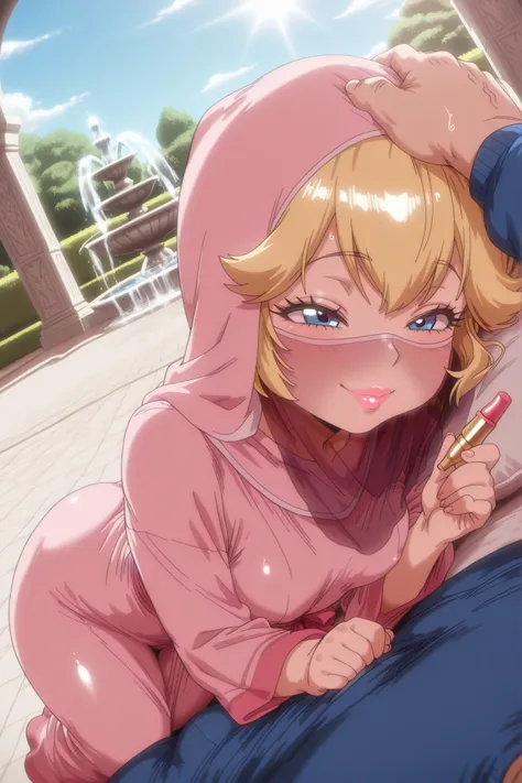 (masterpiece), UHD, HDR, high res, insane detail, 8K, bright lighting, 1loli, muslim, hijabi, round butt, curvy, small breast, thick lips, pretty eyes, solo, happy, cute, solo, baggy robe, princess_peach,(super_mario), happy, sweat, outdoor, morning, headp...