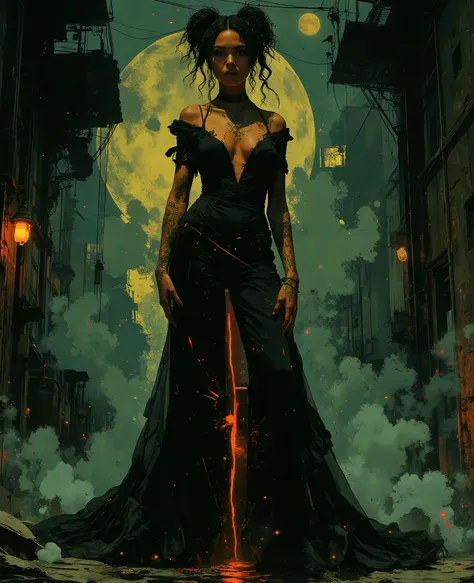 Impressionist surrealism, photo-realistic bizarre portrait of a beautiful, majestic caucasian half-Black lady—graceful yet an outcast, radiating eldritch aura and supernatural mystery. Deep golden-brown skin glows with lifelike detail. She stands in a dram...