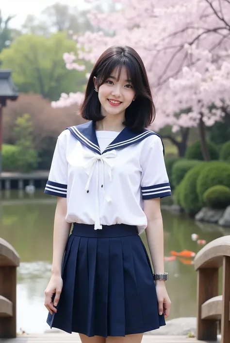 A beautiful 18-year-old Japanese girl with a cute idol-style face and dark bob cut hair, wearing a pristine sailor school uniform with white short-sleeved shirt and navy blue pleated skirt, standing on a traditional wooden bridge in a serene Japanese garde...