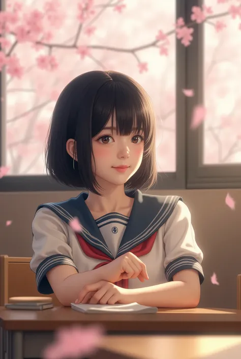 An 18-year-old Japanese girl with idol-style features and dark bob-cut hair, wearing a sailor uniform, sitting at a desk in a sunlit classroom, looking out the window with a gentle smile, bokeh background with falling cherry blossoms, cinematic lighting, 3...