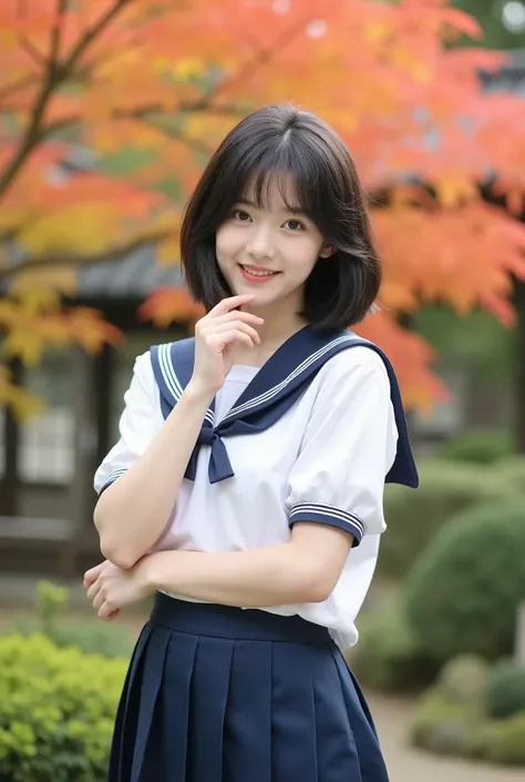 A beautiful Japanese female idol with a super cute face, 18 years old, sporting a dark bob haircut, wearing a pristine white short-sleeved shirt and a navy blue pleated skirt sailor uniform. She stands in a traditional Japanese garden during autumn, surrou...
