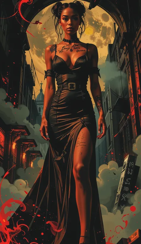 Impressionist surrealism, photo-realistic bizarre portrait of a beautiful, majestic caucasian half-Black lady—graceful yet an outcast, radiating eldritch aura and supernatural mystery. Deep golden-brown skin glows with lifelike detail. She stands in a dram...