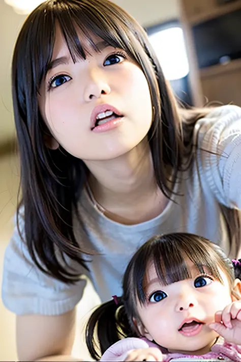  babyのような顔、3 years old、girl、round face、Ponytail、baby、((surprised face))、Plump Cheeks、narrow eyes、Droop、surprised face、Open your mouth with a gobble、(looking up diagonally from below)、一人のgirl