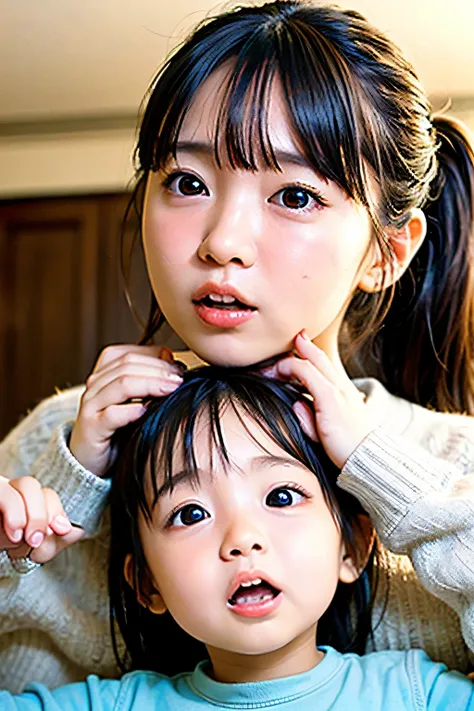  babyのような顔、3 years old、girl、round face、Ponytail、baby、((surprised face))、Plump Cheeks、narrow eyes、Droop、surprised face、Open your mouth with a gobble、(looking up diagonally from below)、一人のgirl