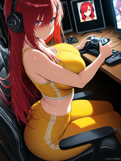 solo,,long red hair, large breasts, blue eyes, hair over one eye, long hair, hd, másterpiece, absurd,, Big saggy breast, inlove gaze, , blush,masterpiece,best quality,amazing quality,anime coloring,masterpiece,best quality,amazing quality,anime coloring,,G...