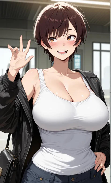 Solo,1 girl, Big breast,Big saggy breast,short hair, hd, másterpiece, absurd,, Big saggy breast, inlove gaze, , blush,masterpiece,best quality,amazing quality,anime coloring,masterpiece,best quality,amazing quality,anime coloring,,Glamorous Light , brightl...