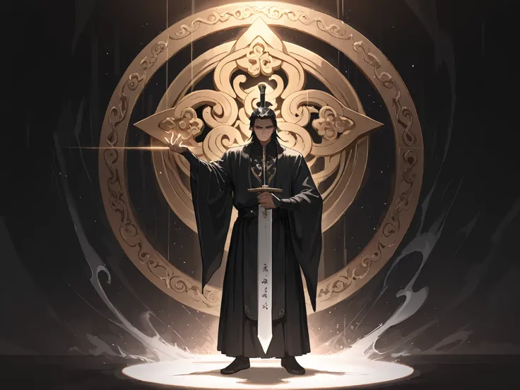 (Masterpiece, best quality, ultra detailed illustration), cinematic full-body shot. Wang Zhengnan standing in full view facing the viewer, a man in his 40s-50s with serene but focused expression. He wears simple Ming dynasty scholar's robes, standing in a ...