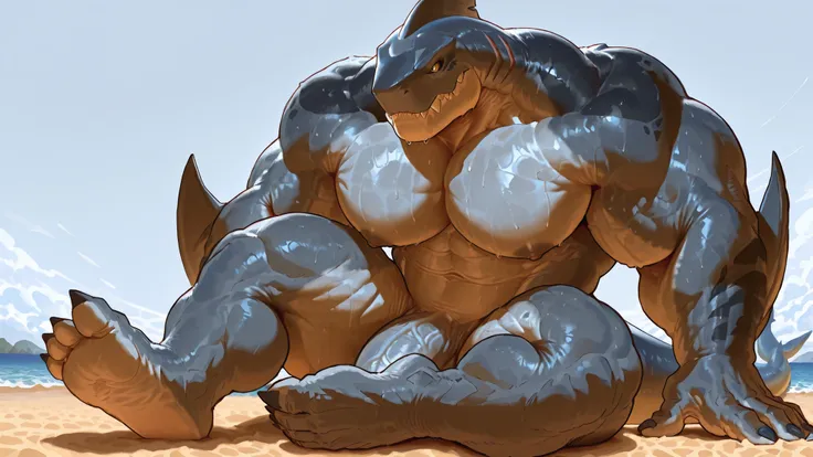 sharkman, anthro megalodon, darker hands and fins, black back, solo, big arms, bara, detailed skin, lizard shark hybrid, anthro, closed mouth, detailed shark skin, scalie arms, fins on arms, gray color body, beefy, thick scales on arms, digitigrade legs, 3...