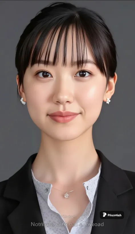 Passport photo of a neat and young woman、大人っぽく色っぽい女性、、and look at the camera、office lady suit、jacket、shirt、necklace、、ear piercing、前髪あり、無表情、口を閉じている、への字口、、face close-up、grey background