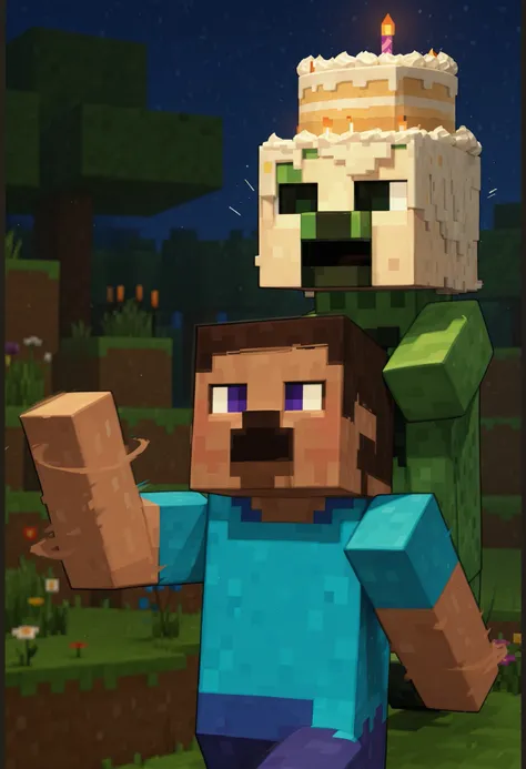 minecraft illustration, steve in foreground running in panic with arms up, terrified expression, motion blur on legs, creeper in background chasing with birthday cake hat, cake with colorful frosting and lit candles, soft glowing candlelight, vibrant overw...