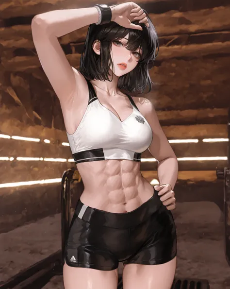 ((Masterpiece)), Alone, beautiful adult woman, Han Sooyoung, White sports top, bare abs, bare legs, tight black lycra shorts, short hair, black hair, gray eyes, sensual pose, neckline towards the front, leaning towarDs the camera, white background.