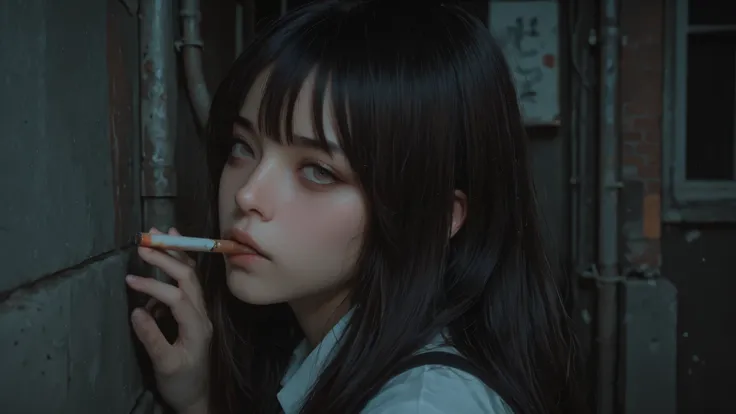 Lowest quality, lowest image quality,
Highest quality, highest image quality, highly detailed rendering, overwhelming realism. Photorealistic. A Japanese high school girl. Holding a cigarette in her mouth, staring listlessly into the distance. A back alley...