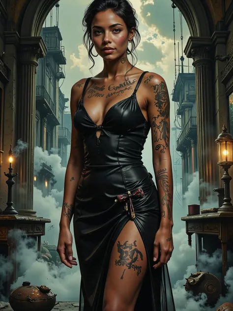 Impressionist surrealism, photo-realistic bizarre portrait of a beautiful, majestic caucasian half-Black lady—graceful yet an outcast, radiating eldritch aura and supernatural mystery. Deep golden-brown skin glows with lifelike detail. She stands in a dram...