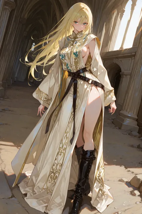 (masterpiece:1.5, in the style of Oh! Great, ultra-detailed, blonde long-haired girl, wearing tibetan-inspired layered robe, embroidered vest, wide waist belt, tall boots, standing on rocky ground, long robe dramatically, one arm extended forward, strong ...