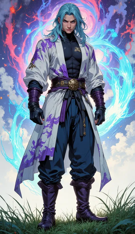 masterpiece, best quality, exquisite detail, dynamic composition, cinematic lighting, mature anime illustration style, fantasy wuxia. A full body shot of a cool young male warrior with a powerful and aloof presence. He has a slender, athletic, and muscular...