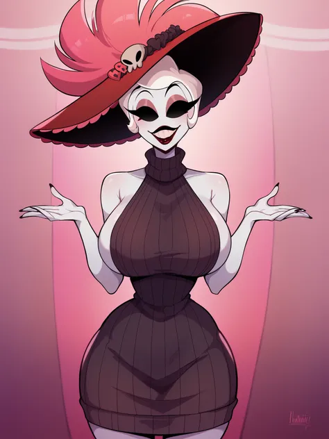result_7_ir, BREAK, HAZBINHOTELROSIE, 1 girl, solo, pale skin, tall woman, white hair, short haircut, completely black eyes, hat, round curvy ass, indoors, plump lips, dark red lipstick, sly smile, side view, side chest, wearing only a gray virgin killer s...