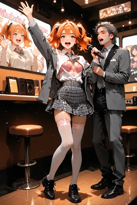 1 girl: orange hair, medium hair,  Twintails, green eyes, medium chest, white shirt, gray tie, dark grey jacket, gray checkered micro-skirt, Black uniform shoes, white stockings. karaoke cafe interior.  The girl stands in a dynamic position dancing and wav...