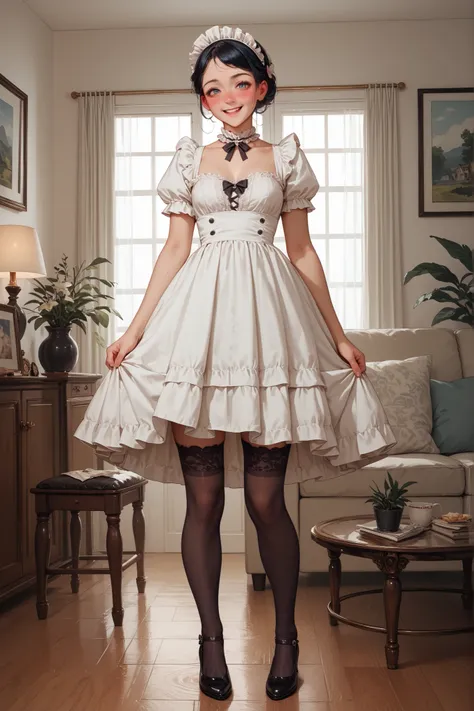  modest lacy Victorian French maid, stands in front of the expensive living room, on his face with a timid smile and blush, raises the dress in front, stockings, black lace panties, soft light, full-length front view