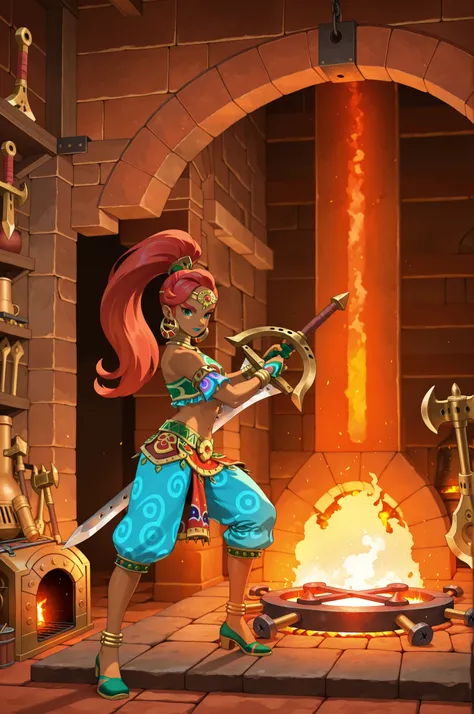 1girl, a Gerudo female, tall, bronze skin, red hair, crafting a scimitar sword with a hammer on an anvil, inside a forge, furnace anvil hammers, in full view in a highly detailed anime style