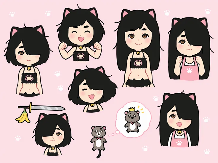 sfw, card \(medium\), 1girl, solo, loli, round face, 10’s, school student, immature, petite, short, cat girl, cat ears, cheerful, neck bell, fang, brown eyes,reflected light in eyes, black hair, short hair, straight hair, hair over one eye, messy hair, bur...