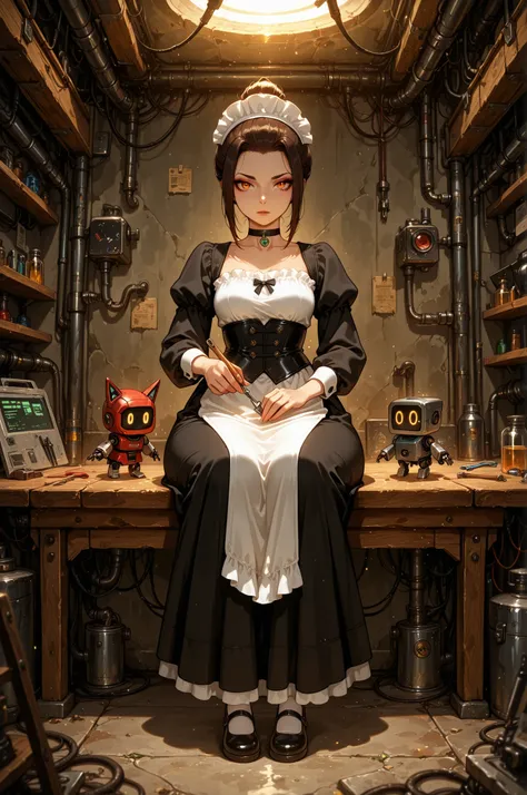  Azula , amber eyes . wavy dark brown hair strands above her shoulders. short hair. small saggy breasts. huge hips. choker. |  high quality, masterpiece, best quality, 3/4 viewer,  fox_ears,  (detailed eyes:1.2), (sharp eyes:1.1), wearing a refined black a...