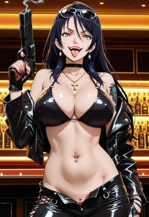 masterpiece, best quality, amazing quality,,  yuri kotobiki, long hair, black hair, grey eyes, mature female, , anime screencap, o  nail polish, ear piercing, long hair, , lipstick,Hot girl, baddie, smoking, sensual, attractive cross necklace, choker , jew...