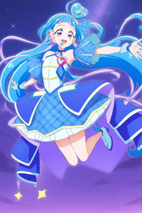 cure wink, kimi to idol precure, blue hair, magical girl, mini crown, purple eyes, blue dress, tilted headwear, very long hair, blunt bangs, bare shoulders, hairband, two-tone hair, purple hair, jewelry, idol clothes, idol, masterpiece, best quality, newes...