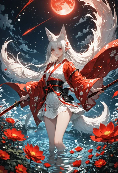 FLUX style, ultra-detailed panoramic cinematic masterpiece -- A celestial dreamscape unfolds above the clouds under a twilight sky, lit by a blood-red moon casting a faint crimson glow. A boundless sea of glowing white flowers blankets the ethereal expanse...