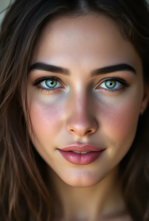 xlr_skin, aidmafluxpro1.1. ultra realistic photographic portrait of a woman, close up with a face focus. She has greenish blue eyes with hyper detailed irises. Her skin is pale, and she is smiling serenely. Her eyes crinkle with satisfaction