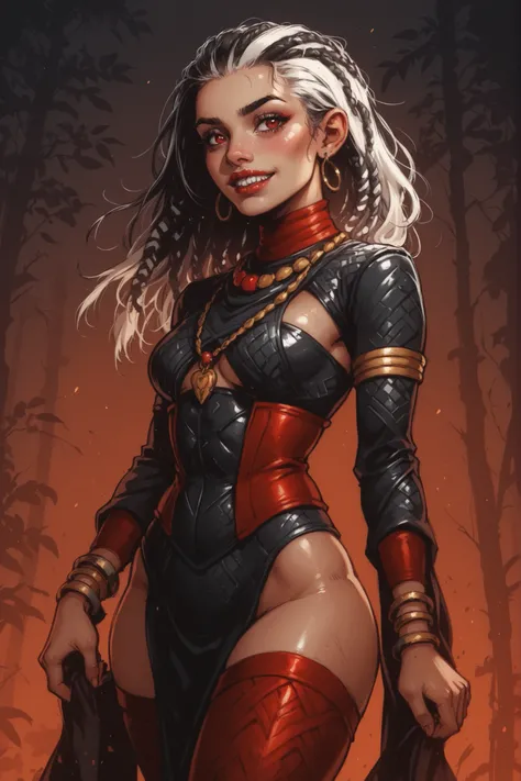 She looks like Elena from Street Fighter and has a horizontal scar across her nose. Smaller head. Bronze skin. Inca girl with white dreadlocks with black highlights and silver pearls, red eyes, slanted Asian eyes, sharp teeth, black eyeliner, athletic body...