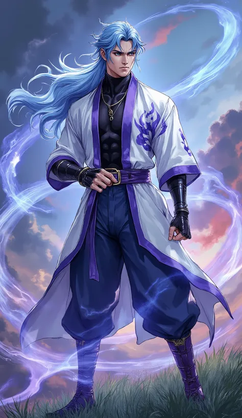 masterpiece, best quality, professional and mature anime illustration, dynamic concept art, fantasy wuxia style. A handsome young man with a cold and stern aura, slender yet muscular physique, perfect anatomy, perfect hands with five fingers. He has a shar...
