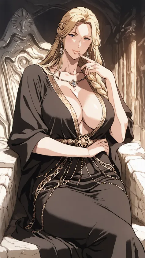 Masterpiece Quality, A semi-realistic man-in-the-middle style. ,Highest Quality, high definition, ULTRA DETAIL,anatomically correct, high quality illustration,ULTRA DETAIL, cinematic lighting, A beautiful queen with long, braided blonde hair. , wears a re...