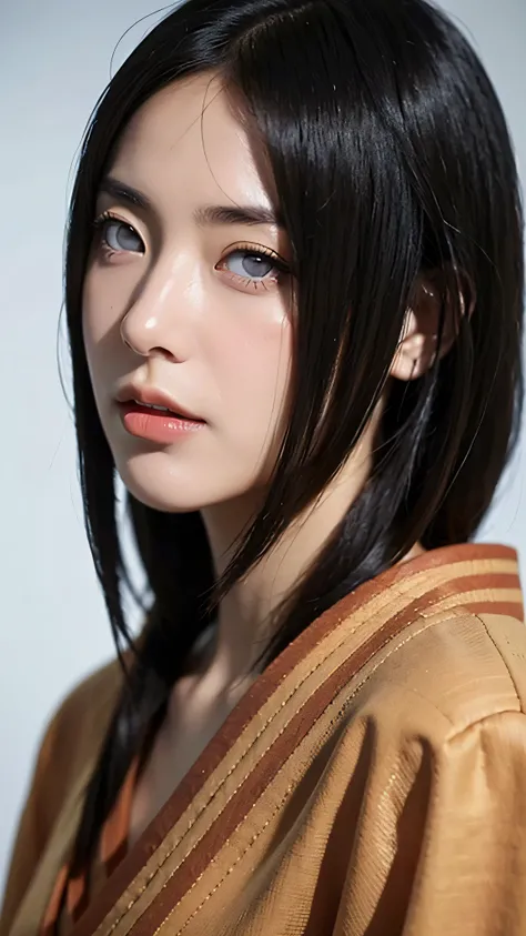 Half-body portrait of Hyuga Hanabi from the Naruto Shippuden universe, depicted in an ultra HD, ultra-realistic and super-detailed style. She has fair skin, long dark hair, and the signature pale Byakugan eyes. Her lips are enhanced with vibrant red lipsti...