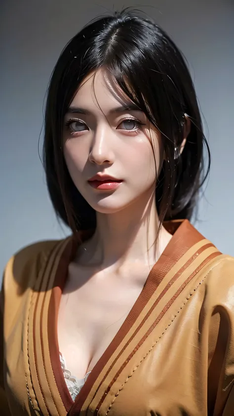 Half-body portrait of Hyuga Hanabi from the Naruto Shippuden universe, depicted in an ultra HD, ultra-realistic and super-detailed style. She has fair skin, long dark hair, and the signature pale Byakugan eyes. Her lips are enhanced with vibrant red lipsti...
