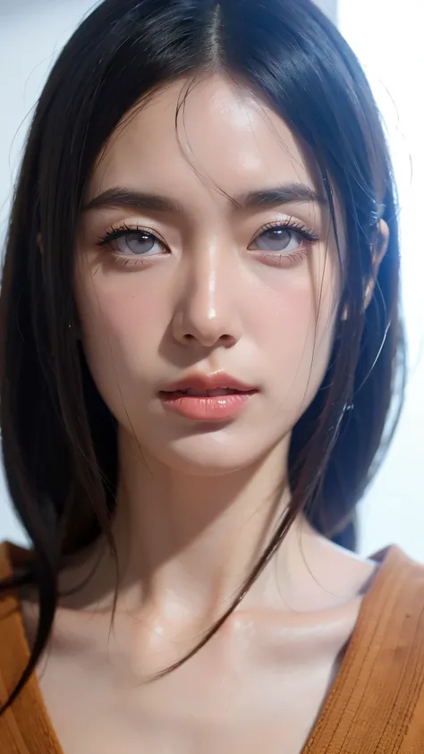 Half-body portrait of Hyuga Hanabi from the Naruto Shippuden universe, depicted in an ultra HD, ultra-realistic and super-detailed style. She has fair skin, long dark hair, and the signature pale Byakugan eyes. Her lips are enhanced with vibrant red lipsti...