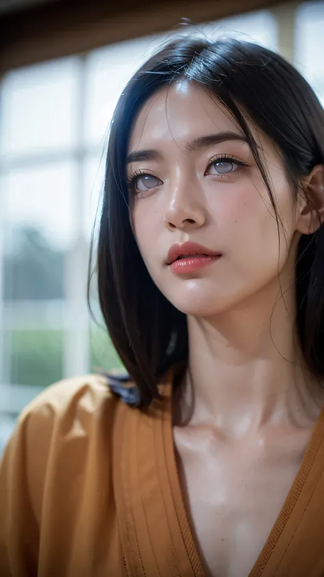 Half-body portrait of Hyuga Hanabi from the Naruto Shippuden universe, depicted in an ultra HD, ultra-realistic and super-detailed style. She has fair skin, long dark hair, and the signature pale Byakugan eyes. Her lips are enhanced with vibrant red lipsti...