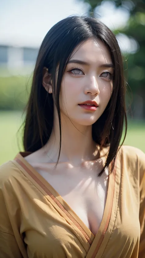 Half-body portrait of Hyuga Hanabi from the Naruto Shippuden universe, depicted in an ultra HD, ultra-realistic and super-detailed style. She has fair skin, long dark hair, and the signature pale Byakugan eyes. Her lips are enhanced with vibrant red lipsti...